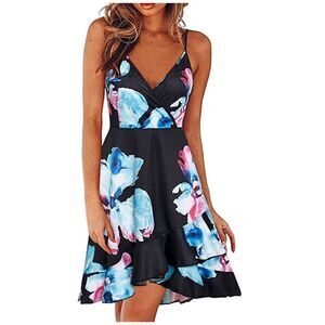 ⭐️SPAGHETTI Strap Floral Wrap V Neck Sleeveless Boho Flare Loose Dress⭐️